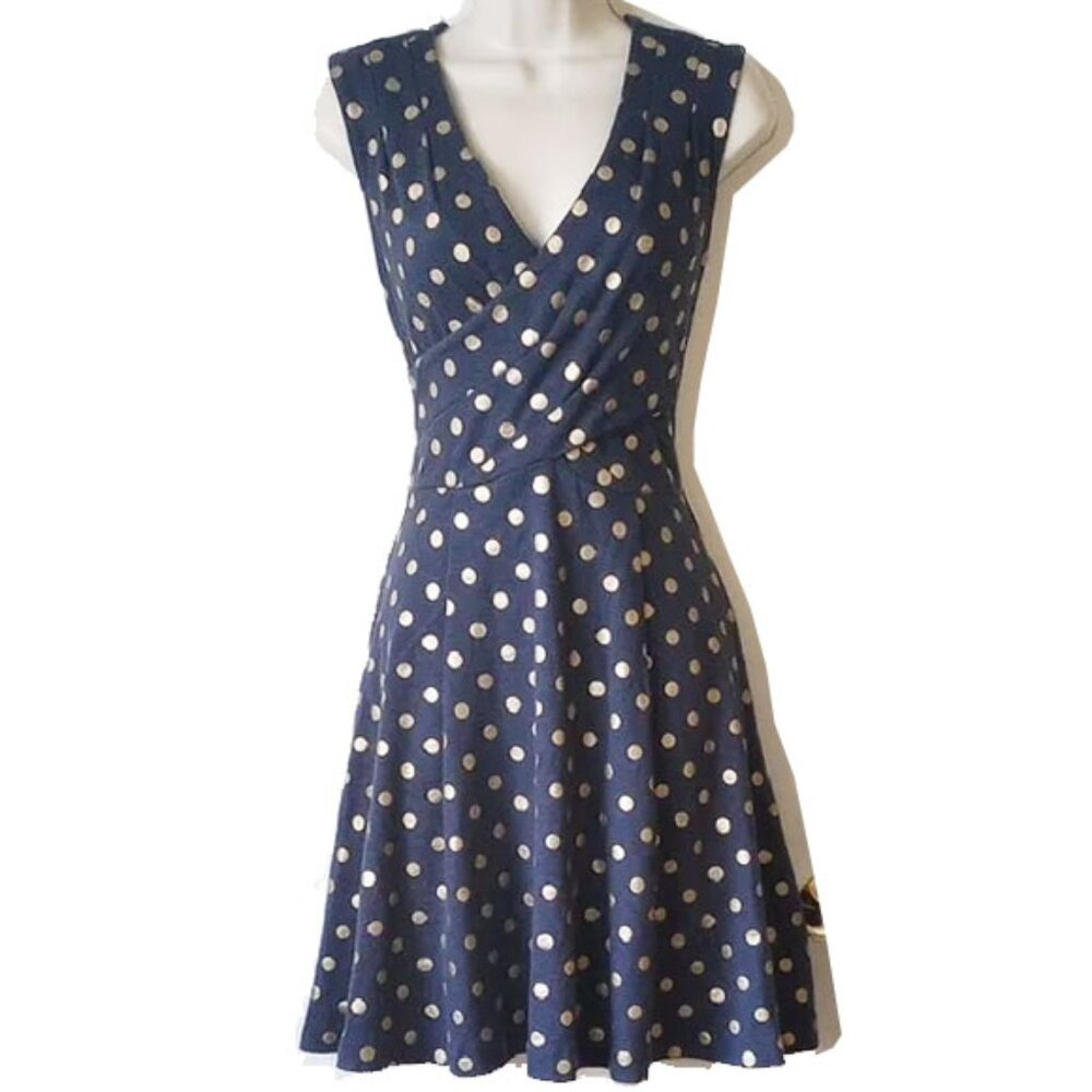 Anthropologie Maeve Ophira Cotton Knit Fit-N-Flare Dress XS Navy Gold Polka Dot